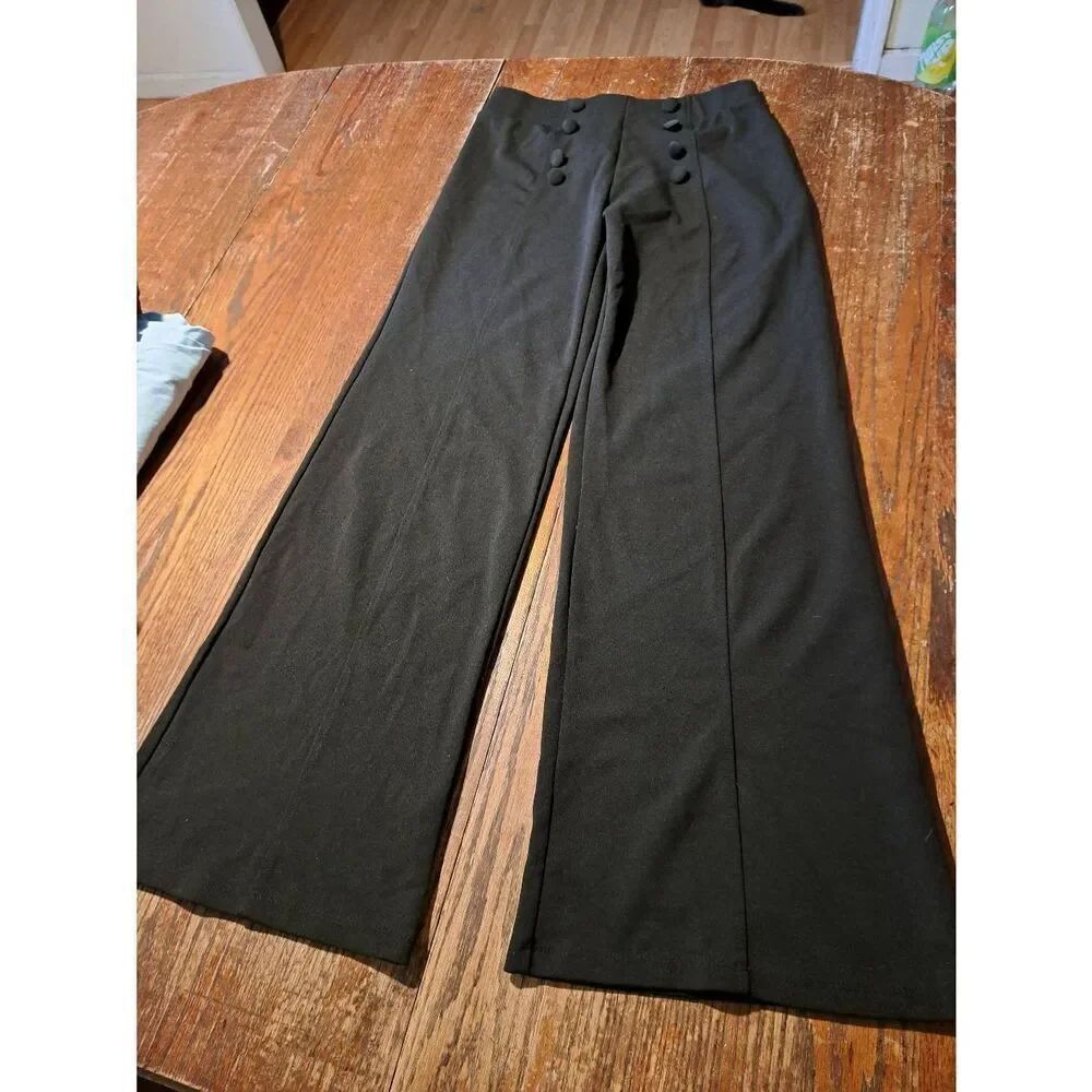 Med Soho Apparel Black Elastic Waist Wide Flare Leg Pull On Pants Button Detail